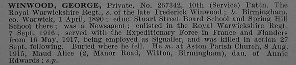 Winwood G Pte 267342 10th Royal Warwickshire Obit De Ruvignys Roll Of Honour Vol 4