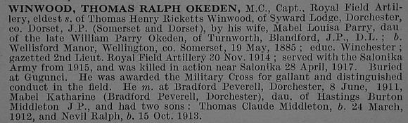 Winwood T R O Captain MC Royal Field Artillery Obit De Ruvignys Roll Of Honour Vol 4