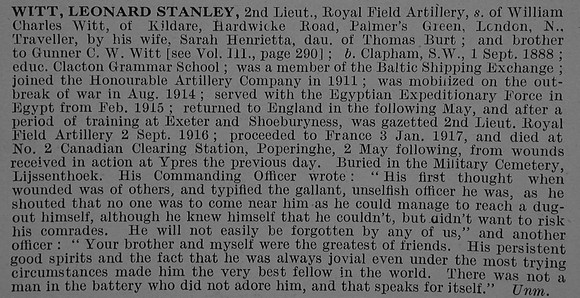 Witt L S 2nd Lt Royal Field Artillery Obit De Ruvignys Roll Of Honour Vol 4