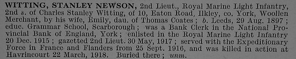 Witting S N 2nd Lt Royal Marine Light Infantry Obit De Ruvignys Roll Of Honour Vol 4