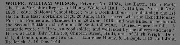 Wolfe W W Pte 31034 1st East Yorkshire Regiment Obit De Ruvignys Roll Of Honour Vol 4
