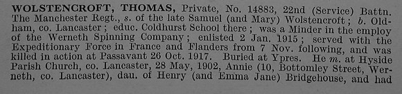 Wolstencroft T Pte 14883 22nd Manchester Regiment Obit Part 1 De Ruvignys Roll Of Honour Vol 4