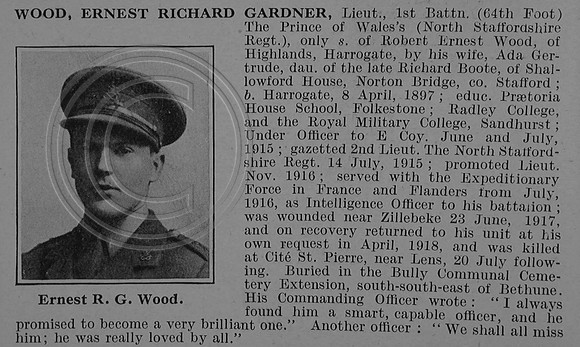 Wood E R G Lt 1st North Staffordshire Regiment Obit De Ruvignys Roll Of Honour Vol 4