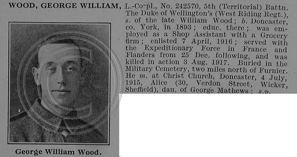 Wood G W L/Cpl 242570 5th West Riding Regiment Obit De Ruvignys Roll Of Honour Vol 4