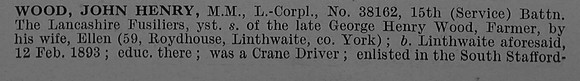 Wood J H L/Cpl MM 38162 15th Lancashire Fusiliers Obit Part 1 De Ruvignys Roll Of Honour Vol 4