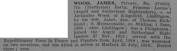 Wood J Pte 276659 7th Argyll & Sutherland Highlanders Obit De Ruvignys Roll Of Honour Vol 4