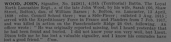 Wood J Sig 242811 5th Loyal North Lancs Regiment Obit De Ruvignys Roll Of Honour Vol 4