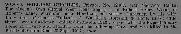 Wood W C Pte 12467 11th Queen's Own Royal West Kent Regiment Short Obit De Ruvignys Roll Of Honour Vol 4