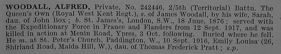 Woodall A Pte 242446 5th Queen's Own Royal West Kent Regiment Short Obit De Ruvignys Roll Of Honour Vol 4