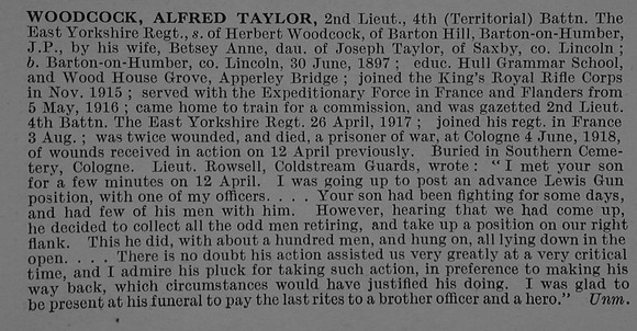 Woodcock A T 2nd Lt 4th East Yorkshire Regiment Obit De Ruvignys Roll Of Honour Vol 4