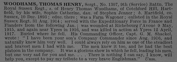 Woodhams T H Sergt 1307 9th Royal Sussex Regiment Obit De Ruvignys Roll Of Honour Vol 4