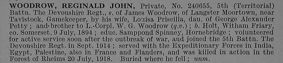 Woodrow R J Pte 240655 5th Devonshire Regiment Obit De Ruvignys Roll Of Honour Vol 4