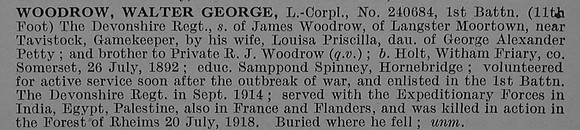 Woodrow W G L/Cpl 240684 1st Devonshire Regiment Obit De Ruvignys Roll Of Honour Vol 4