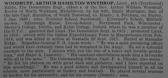 Woodruff A H W Lt 4th Dorsetshire Regiment Obit De Ruvignys Roll Of Honour Vol 4