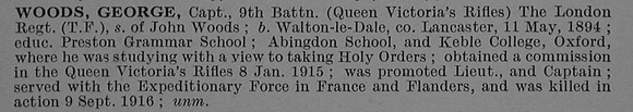 Woods G Captain 9th London Regiment Short Obit De Ruvignys Roll Of Honour Vol 4