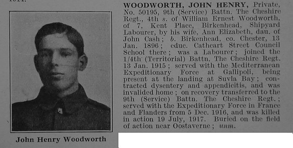 Woodworth J H Pte 50195 9th Cheshire Regiment Obit De Ruvignys Roll Of Honour Vol 3