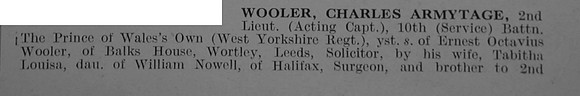 Wooler C A 2nd Lt 10th West Yorks Regiment Obit Part 1 De Ruvignys Roll Of Honour Vol 3