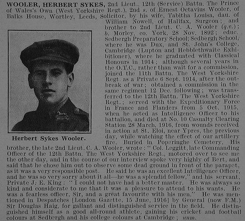 Wooler H S 2nd Lt 12th West Yorkshire Regiment Obit De Ruvignys Roll Of Honour Vol 3