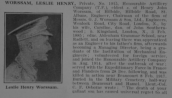 Worssam L H Pte 1915 Honourable Artillery Company Obit Part 1 De Ruvignys Roll Of Honour Vol 3