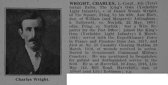 Wright C L/Cpl 4th Kings Own Yorkshire Light Infantry Obit De Ruvignys Roll Of Honour Vol 3