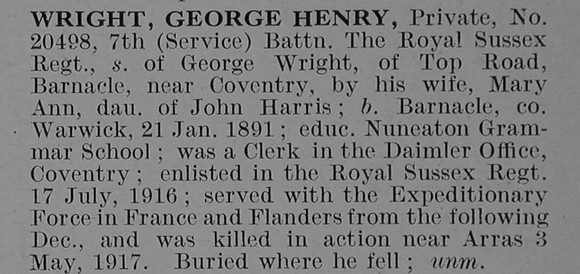 Wright G H Pte 20498 7th Royal Sussex Regiment Obit De Ruvignys Roll Of Honour Vol 3