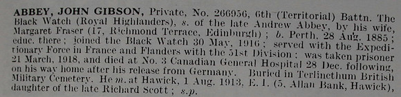 Abbey J G Pte 266956 6th Black Watch Obituary De Ruvignys Roll Of Honour Vol 5
