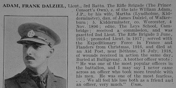 Adam F D Lt 3rd Rifle Brigade Obit De Ruvignys Roll Of Honour Vol 5
