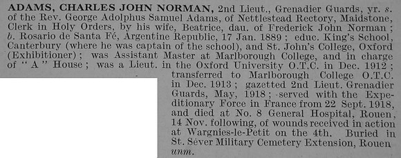 Adams C J N 2nd Lt Grenadier Guards Obit De Ruvignys Roll Of Honour Vol 5