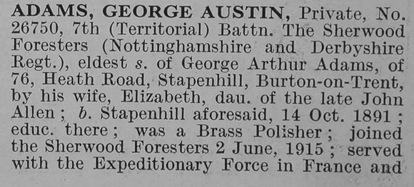 Adams G A Pte 7th Notts And Derby Regiment Obit Part 1 De Ruvignys Roll Of Honour Vol 5