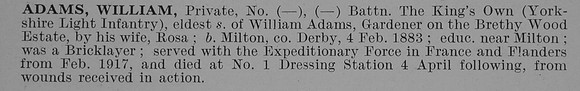 Adams W Pte King's Own Yorkshire Light Infantry Obit De Ruvignys Roll Of Honour Vol 5