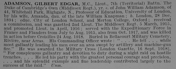 Adamson G E Lt MC 7th Middlesex Regiment Obit  De Ruvignys Roll Of Honour Vol 5