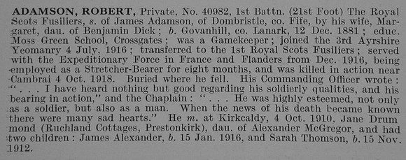 Adamson R Pte Obit 1st R Scots Fusiliers De Ruvignys Roll Of Honour Vol 5
