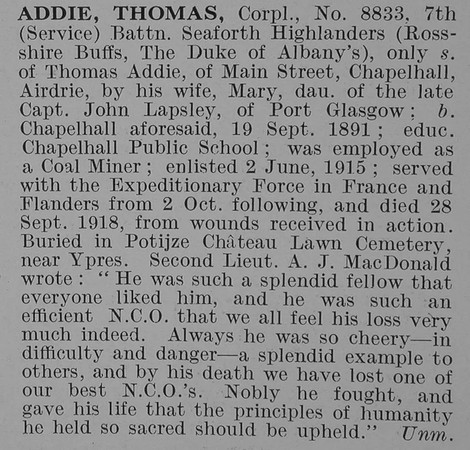 Addie T Cpl Obit 7th Seaforth Highlanders De Ruvignys Roll Of Honour Vol 5