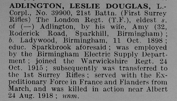 Adlington L D L/Cpl 39900 21st London Regiment Obituary De Ruvignys Roll Of Honour Vol 5