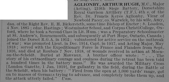 Aglionby A H Major MC RGA Obit De Ruvignys Roll Of Honour Vol 5