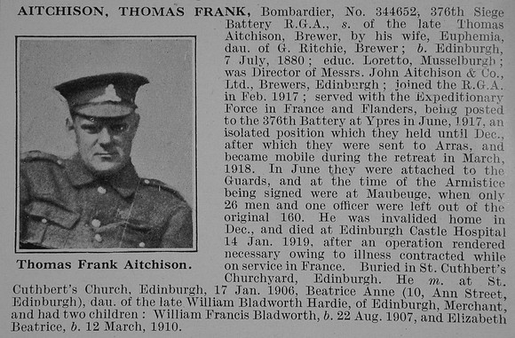 Aitchison T F Bmdr Royal Garrison Artillery Obit De Ruvignys Roll Of Honour Vol 5