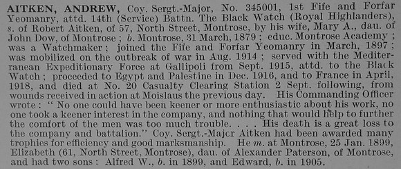 Aitken A Coy Sergt Major Fife & Forfar Yeaomanry Obit De Ruvignys Roll Of Honour Vol 5