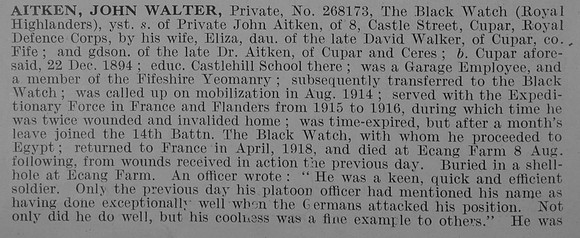 Aitken J W Pte The Black Watch Obit Part 1 De Ruvignys Roll Of Honour Vol 5