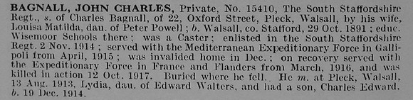 Bagnall J C Pte 15410 8th South Staffordshire Regiment Obituary De Ruvignys Roll Of Honour Vol 5