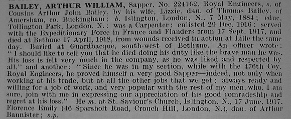 Bailey A W Sapper 224162 Royal Engineers Obituary De Ruvignys Roll Of Honour Vol 5