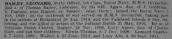 Bailey L Petty Officer 1st Class HMS Invincible Royal Navy Obituary De ruvignys Roll Of Honour Vol 5