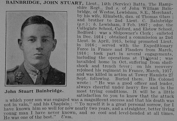 Bainbridge J S Lt 14th Hampshire Regiment Obit De Ruvignys Roll Of Honour Vol 5