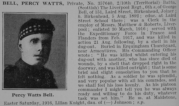 Bell P W Pte 10th King's Liverpool Regiment Obit