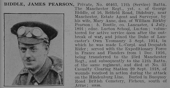 Biddle J P Pte 11th Manchester Regiment De Ruvignys Roll Of Honour Vol 5