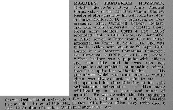 Bradley F H Lt Col DSO Royal Army Medical Corps Obit De Ruvignys Roll Of Honour Vol 5