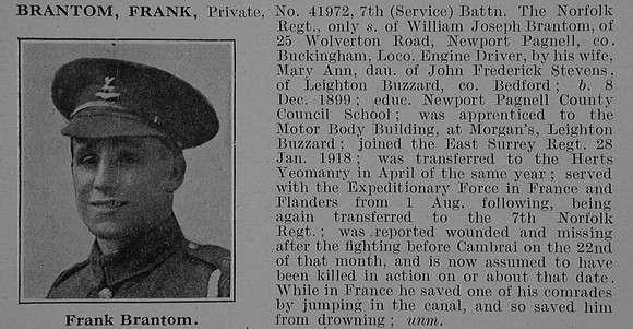 Brantom F Pte 41972 7th Norfolk Regiment Obit De Ruvignys Roll Of Honour Vol 5