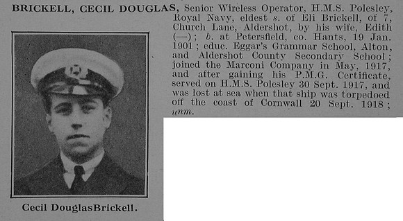 Brickell C D Wireless Operator S.S. Polesley (London) Mercantile Marine Obit De Ruvignys Roll Of Honour Vol 5