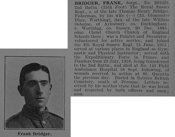 Bridger F Sergt 201028 2nd Royal Sussex Regiment Obit De Ruvignys Roll Of Honour Vol 5
