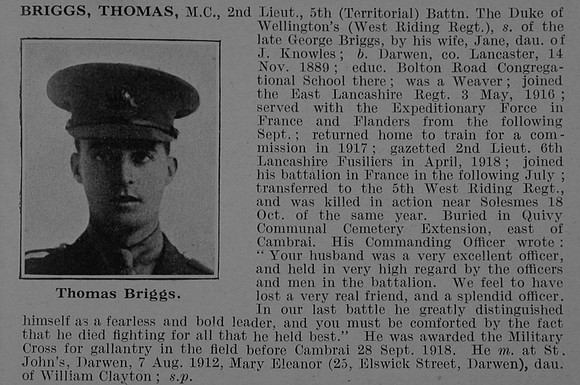 Briggs T 2nd Lt MC 5th West Riding Regiment Obit De Ruvignys Roll Of Honour Vol 5