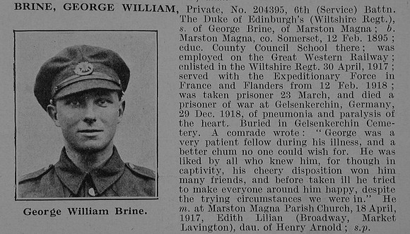 Brine G W Pte 204395 6th Wiltshire Regiment Obit De Ruvignys Roll Of Honour Vol 5